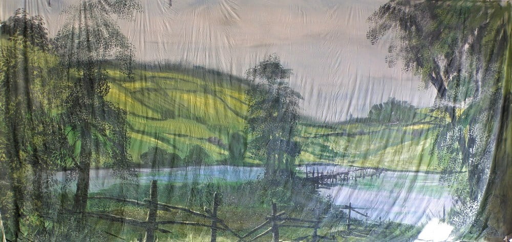 Thoroughly Theatre River And Hills Calico Theatre Backcloth is commonly used for River, Bridge, Countryside, Fields, Trees, Hills, Lake, Picnic, Walking, Woods, Forest, Iolanthe,