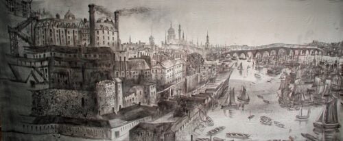 Thoroughly Theatre Sweeney Todd Canvas Theatre Backcloth is commonly used for City, Black, White, River, Sweeney Todd,