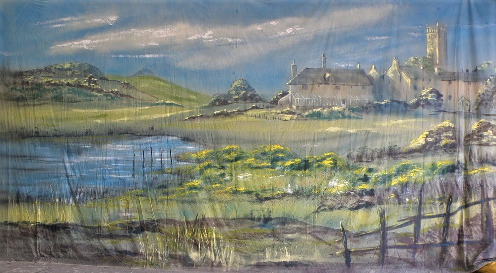 Thoroughly Theatre Pond Calico Theatre Backcloth is commonly used for Pond, Village, Country, Hills, Lake, Countryside, Trees, Landscape, Honk, Rural Cloth,