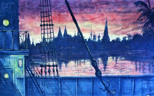 Thoroughly Theatre Ship Calico Theatre Backcloth is commonly used for Ship, sea, harbour, Landscape, Water, Ropes, Tall Ship, King And I,