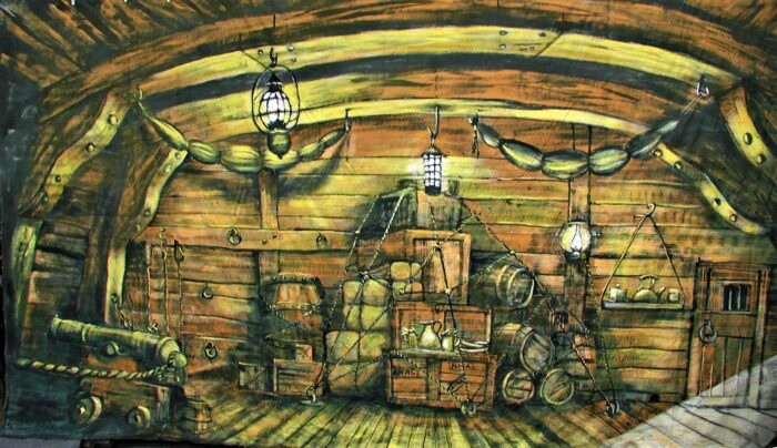 Thoroughly Theatre Ships Galley Calico Theatre Backcloth is commonly used for Galley, Ship, Cannon, Pirate, Ships Galley,