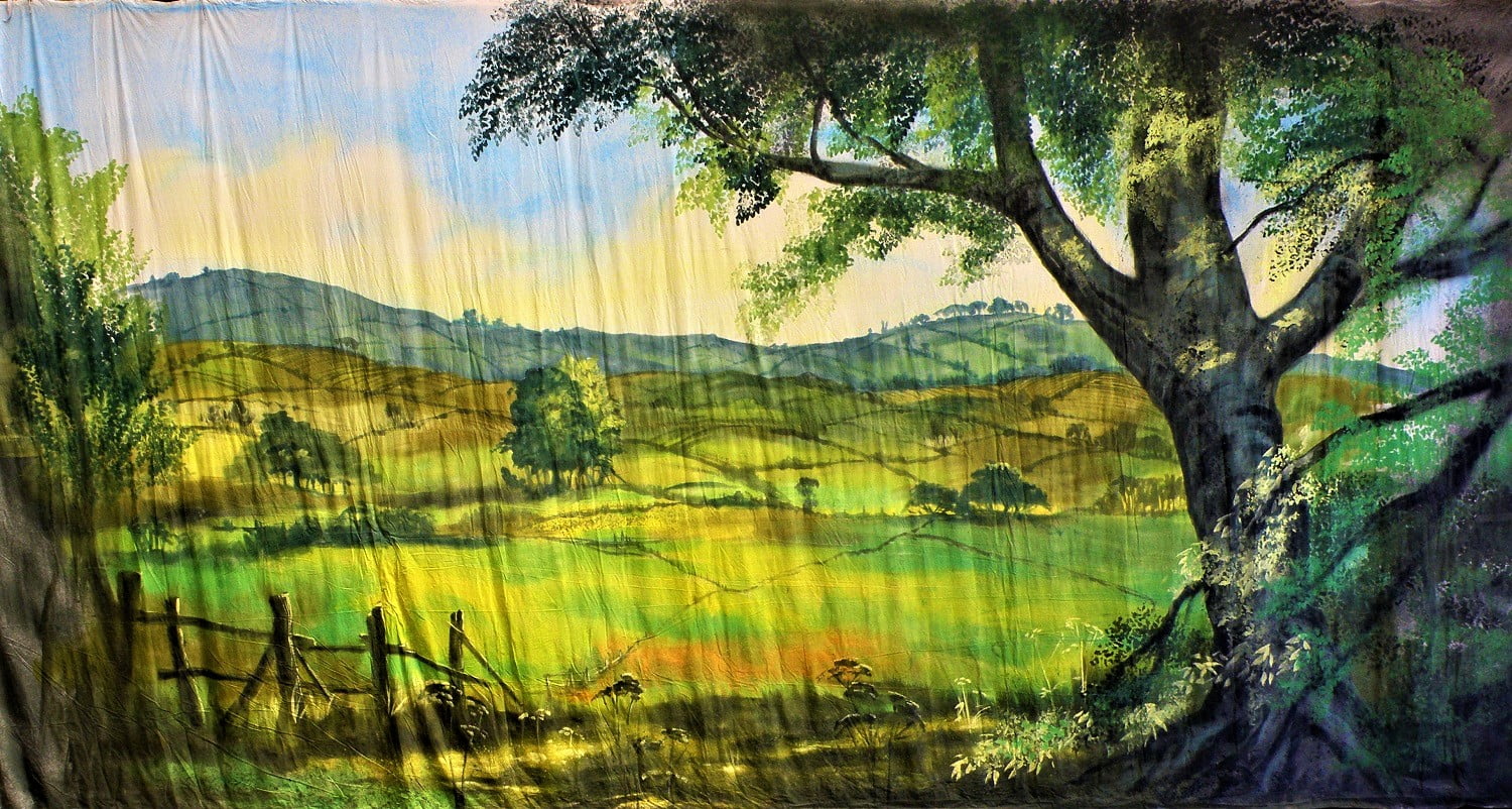 Thoroughly Theatre Green Fields Calico Theatre Backcloth is commonly used for Fields, fence, trees, forest, Countryside, Green, Finian