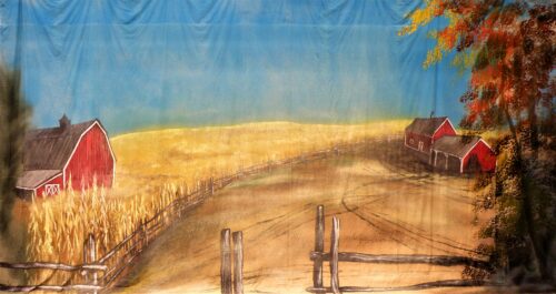 Thoroughly Theatre Laureys Farm Canvas Theatre Backcloth is commonly used for Farm, barn, corn, fields, fence, Oklahoma