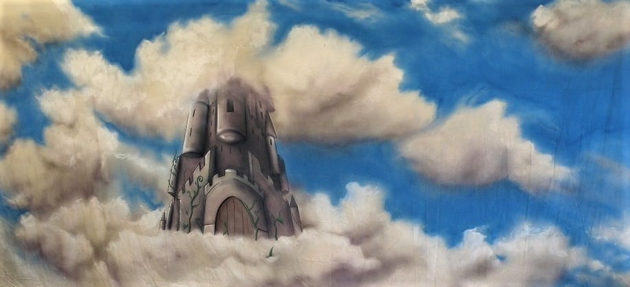 Thoroughly Theatre Top Of Beanstalk Canvas Theatre Backcloth is commonly used for Clouds, sky, castle, Beanstalk