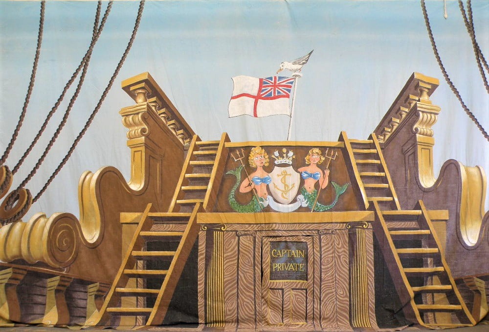 Thoroughly Theatre Ship Calico Theatre Backcloth is commonly used for Captain, Ship, Flag, Boat, Back, Aft