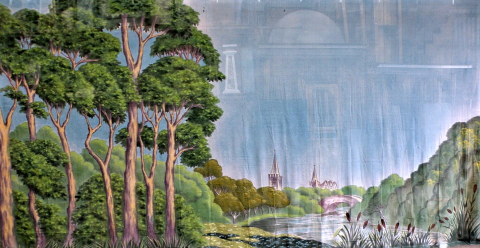 Thoroughly Theatre Riverbank Canvas Theatre Backcloth is commonly used for river, bank, wood, countryside