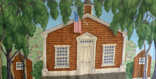 School House Calico Theatre Backcloth | Thoroughly Theatre