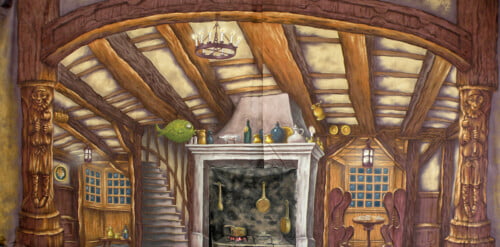 Kitchen Interior With Fireplace Centre Removable Panel Canvas Theatre Backcloth | Thoroughly Theatre